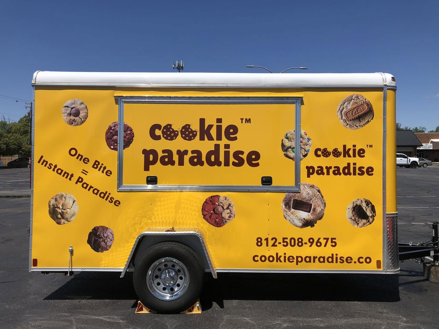 The yellow Cookie Paradise food truck in Columbus, Indiana